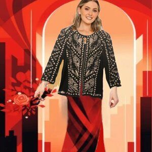 MING WANG Jacquard Premier Knitwear Bracelet Sleeves Jacket Cardigan Sz L